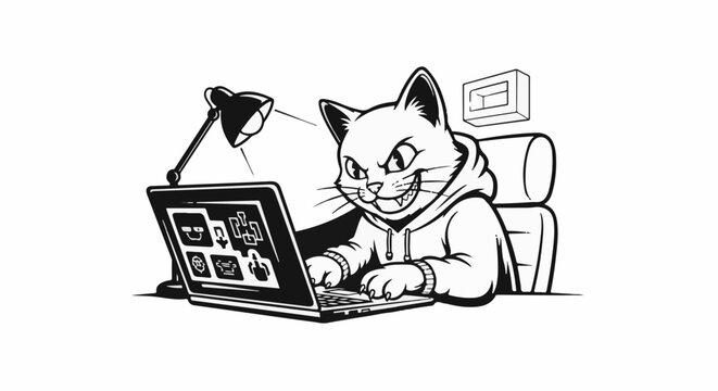A cartoon cat wearing a hoodie sits at a laptop, illuminated by a desk lamp