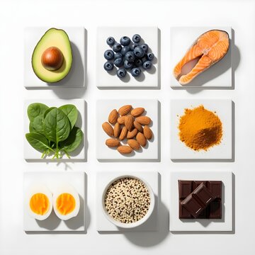 Healthy Foods Flat Lay: Avocado, Salmon, Berries, Nuts and Turmeric