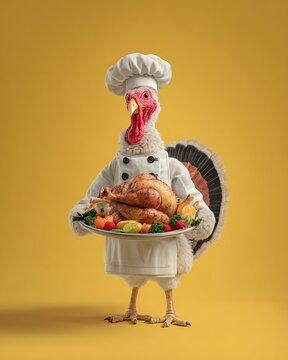 A chef turkey presents a roasted meal on a plate.