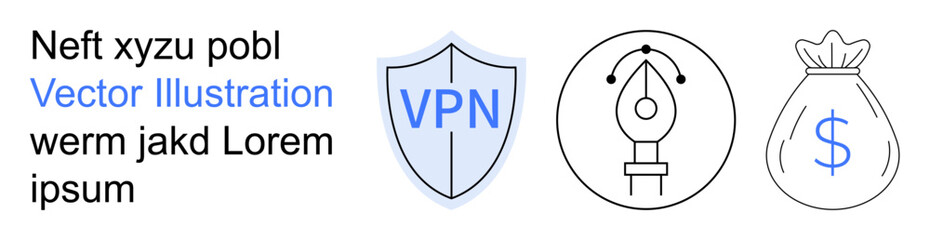 Digital security, creativity, finance, online protection, graphic design, business concepts. Shield with VPN text, pen tool icon and money bag symbol. Digital security and creativity concepts © robu_s