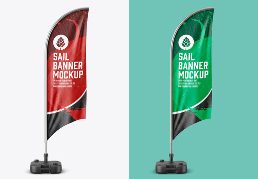 Blank advertising feather flag mockup with curved fabric on stand isolated