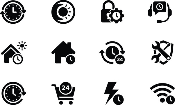 Collection of black silhouette icons representing 24 7 availability and services