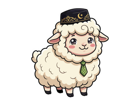 Cute cartoon sheep wearing a traditional Muslim cap and green tie.
