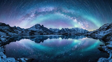 Naklejka premium Snow-capped mountains reflected in a still lake under a vibrant aurora borealis and star-filled night sky with light trails