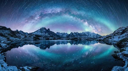 Fototapete Reflection Snow-capped mountains reflected in a still lake under a vibrant aurora borealis and star-filled night sky with light trails  © Shanto