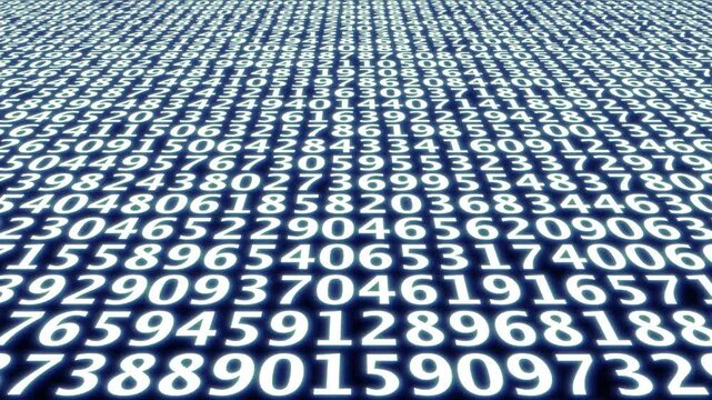 Clean 3D perspective of a white digital number floor moving through a virtual data space with cinematic focus
