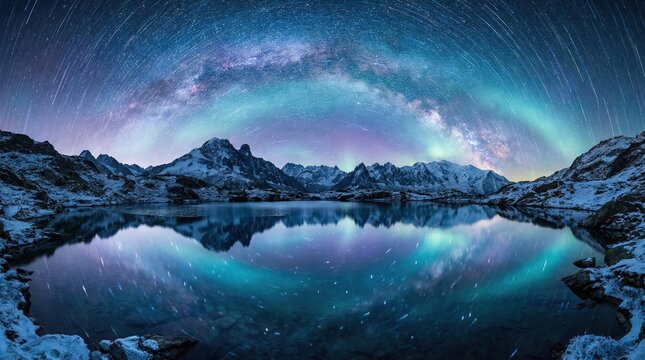 Snow-capped mountains reflected in a still lake under a vibrant aurora borealis and star-filled night sky with light trails