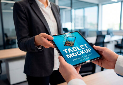 Tablet mockup in business meeting hands interaction