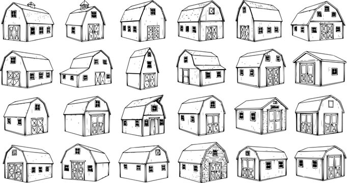 Hand-Drawn Barn and Shed Illustrations Collection. Various styles of farm buildings and storage structures, perfect for rustic, agricultural, and rural design projects.