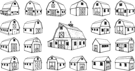 Detailed hand-drawn collection of barns in various architectural styles. Black and white sketch illustrations of farm buildings for agriculture, countryside, and rural design. © jouleea