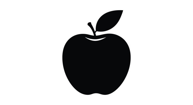 A simple black silhouette of an apple with a leaf on top silhouette