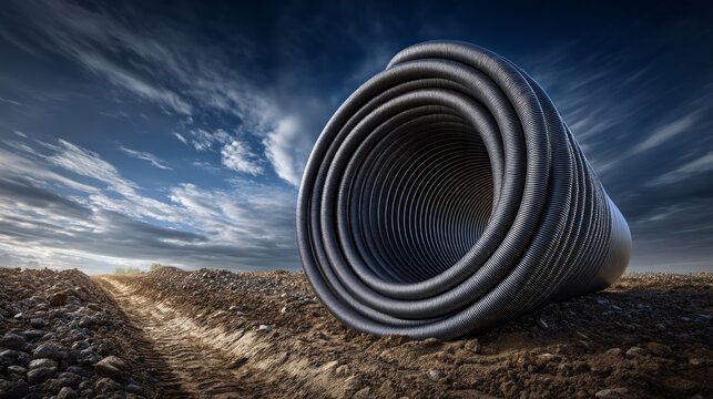 Coiled Cable Roll Positioned on Uneven Ground Under Cloudy Sky