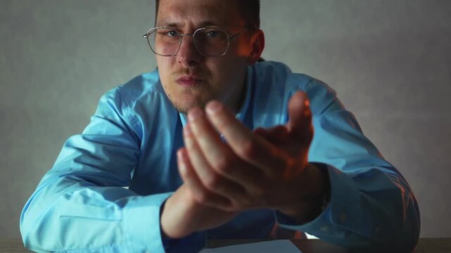 Sarcastic businessman in office slowly clapping with dissatisfied expression after bad presentation or failed results. Concept of irony, frustration and workplace tension.