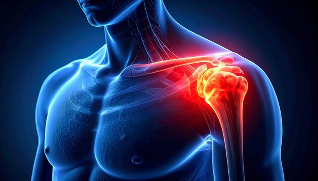 A human shoulder joint highlighted in red, symbolizing pain, inflammation, and musculoskeletal injury.