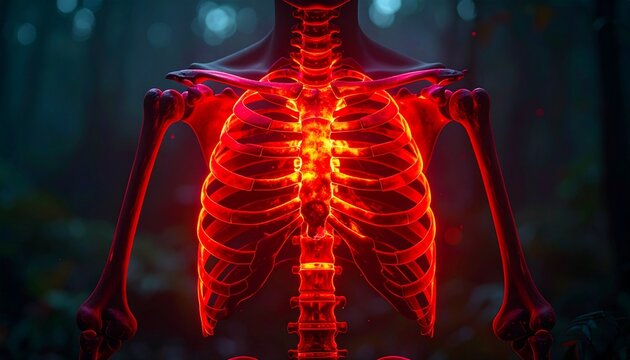 A human ribcage and sternum highlighted in red, symbolizing thoracic pain, spinal health, and anatomical focus.