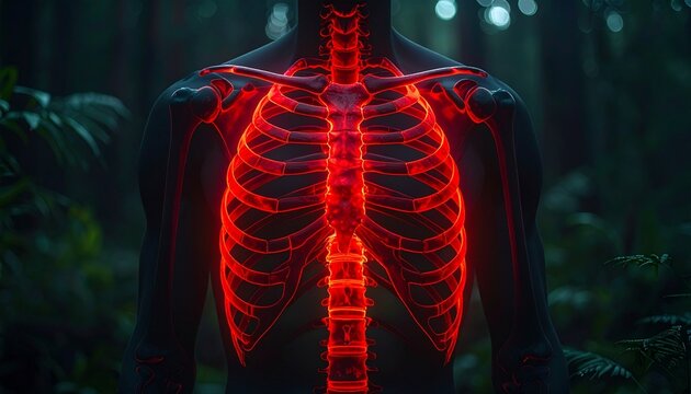 A human ribcage and sternum highlighted in red, symbolizing thoracic pain, spinal health, and anatomical focus.
