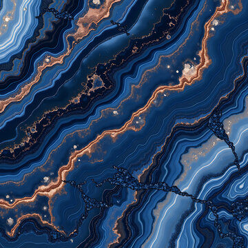 Abstract deep blue and copper agate texture background with wavy lines and glittering particles, elegant natural stone pattern.