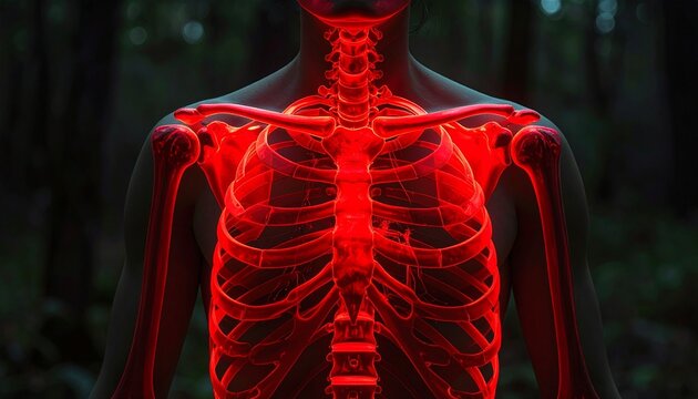 A human ribcage and sternum highlighted in red, symbolizing thoracic pain, spinal health, and anatomical focus.