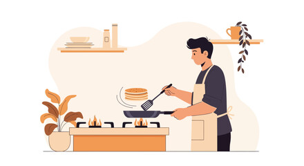 Fototapeta premium Man cooking pancakes on stove, breakfast, kitchen scene, healthy food, home cooking