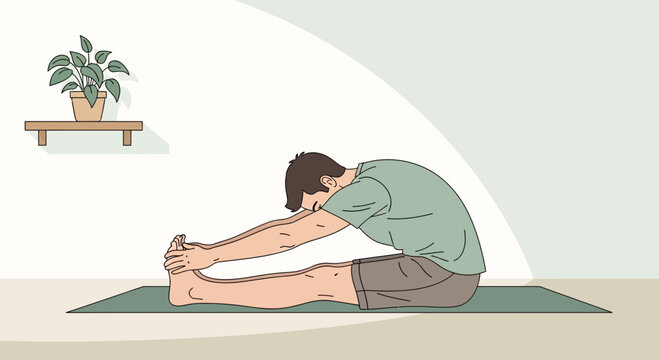 Man doing seated forward bend yoga pose on mat, stretching hamstrings and back