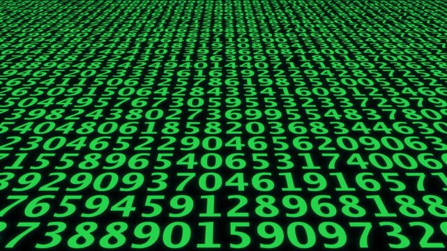 Immersive 3D motion through a green digital matrix tunnel with focused numerical streams for cybersecurity