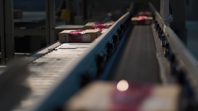 Parcels moving along conveyor belt in a logistics facility