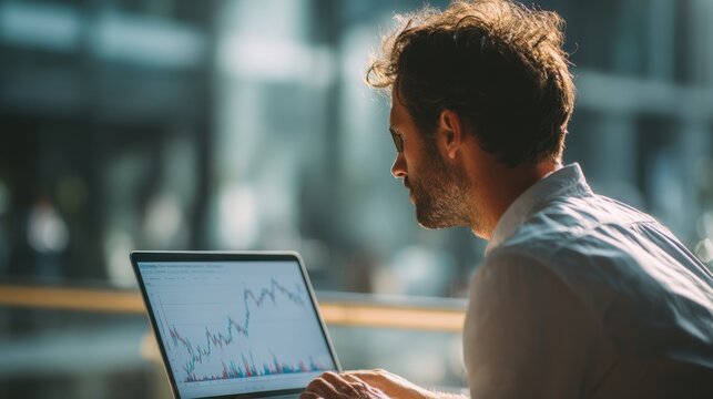 Analyst at Work: A focused business analyst meticulously reviews charts and graphs displayed on a laptop screen, immersed in data analysis, revealing a pursuit of financial insights.