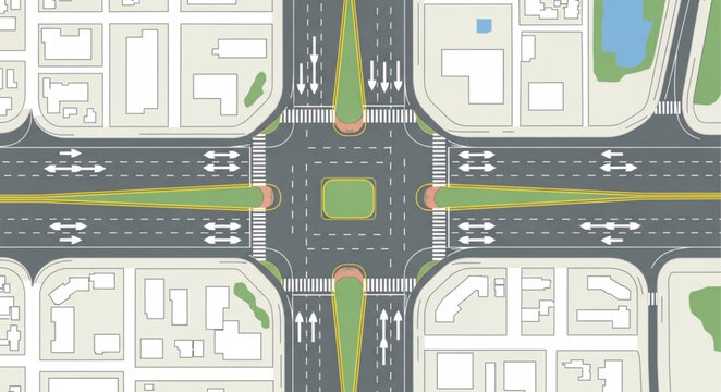 Aerial view of a busy city intersection with traffic lights and lanes.