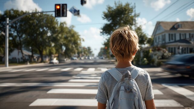Young boy walking on pedestrian crossing in a city, traffic light on red. Depicting urban childhood, safety, and learning rules road