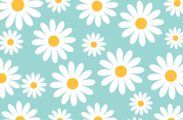 Obraz premium daisy flowers seamless background pattern. Featuring numerous white daisy flowers with bright yellow centers scattered across a soft pastel blue surface.