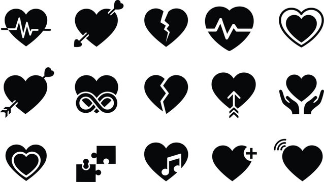heart icons. stylized broken heart icon, medical heartbeat icon, and heart with arrow