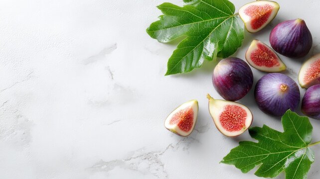 Fresh ripe figs and green leaves composing a healthy food background with copy space texture light