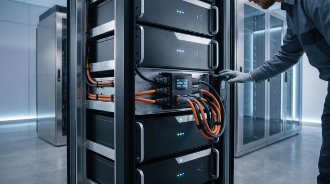 Technician performing maintenance on enterprise server rack, managing data center infrastructure and network hardware in modern facility.