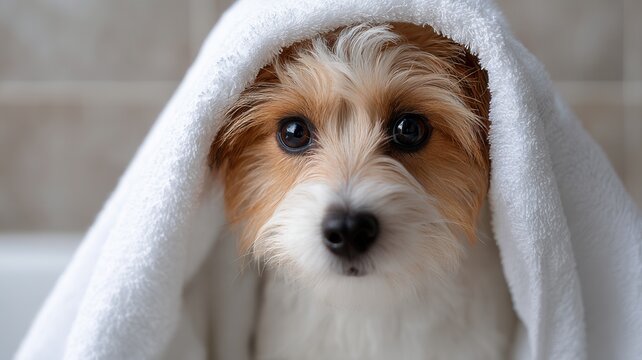 Adorable jack russell terrier puppy wrapped in fresh white towel after bath, looking innocent and camera cute