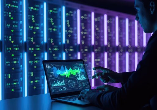 Technical collaboration in a contemporary data center featuring illuminated server racks while analyzing information on a laptop screen, computing, collaboration, software