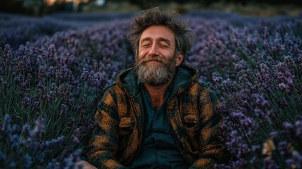 Obraz premium Embracing tranquility while surrounded by vibrant lavender fields at sunset