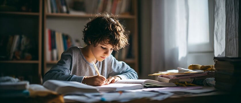 A young person studies intently at a cluttered desk near a window with books.