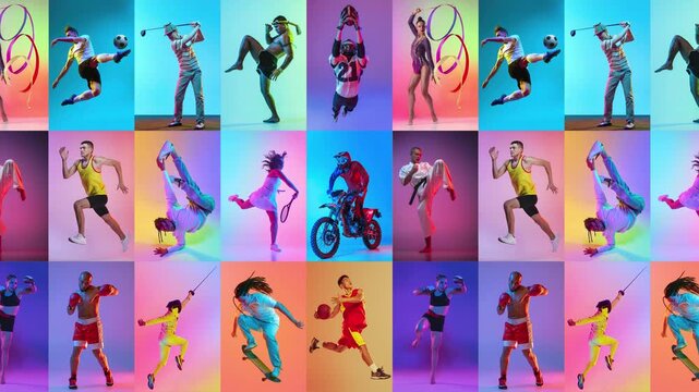 Athletes performing different sports movements on clean colorful backgrounds. Concept of sport diversity, professional training, competition and energetic active lifestyle.