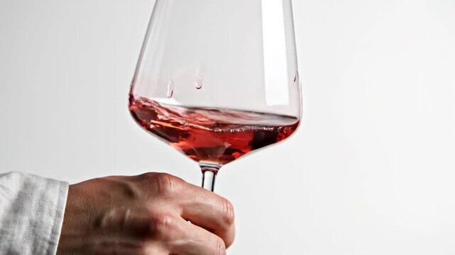 Close-up of a person's hand in a white long-sleeved shirt holding a stemware glass and swirling pink ros&eacute; wine inside, isolated against a bright neutral white background.