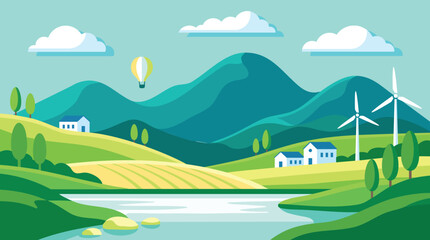 Fototapeta premium Vector illustration of rural landscape with wind turbines