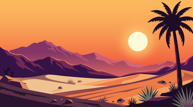 Desert landscape with palm trees and mountains at sunset