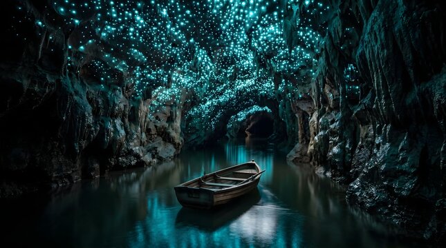 Boat on Underground River under Glowworms in Waitomo New Zealand.