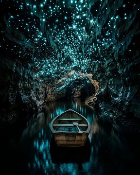 Boat on Underground River under Glowworms in Waitomo New Zealand.