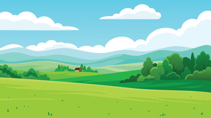 Fototapeta premium Cartoon landscape with green fields and blue sky
