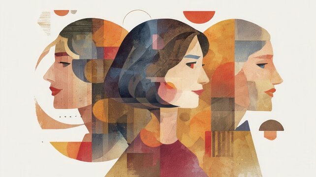 Women's faces in abstract cubist art style representing and solidarity femininity, diversity