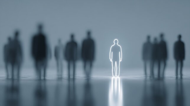 A lone glowing figure stands centered facing forward amidst a blurred crowd of people walking.