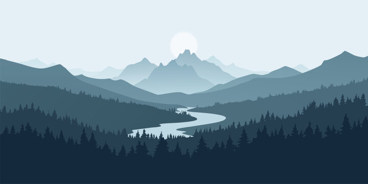 Vector illustration of mountain landscape with winding river