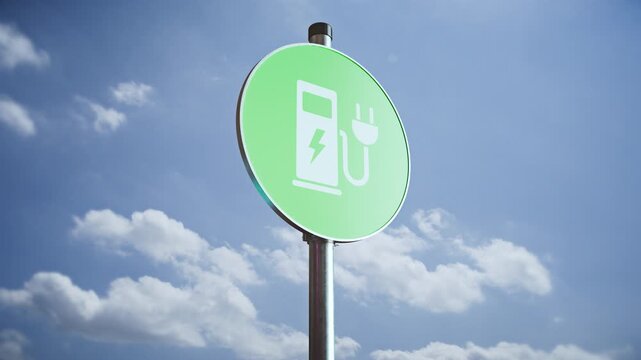 Rotating electric vehicle charging sign on pole against sky, modern 3D EV symbol animation with static camera and alpha channel