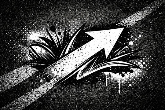 Grunge Black and White Vector Illustration with Urban Graffiti Arrow Symbol, Paint Splatters, Drips, and Distressed Texture on Asphalt Background for Edgy Street Art Graphic Design Projects