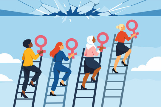 Diverse Group of Women Climbing Ladders to Break the Glass Ceiling Carrying Female Gender Symbols Representing Empowerment, Equality, and Professional Growth in Leadership Vector Illustration.